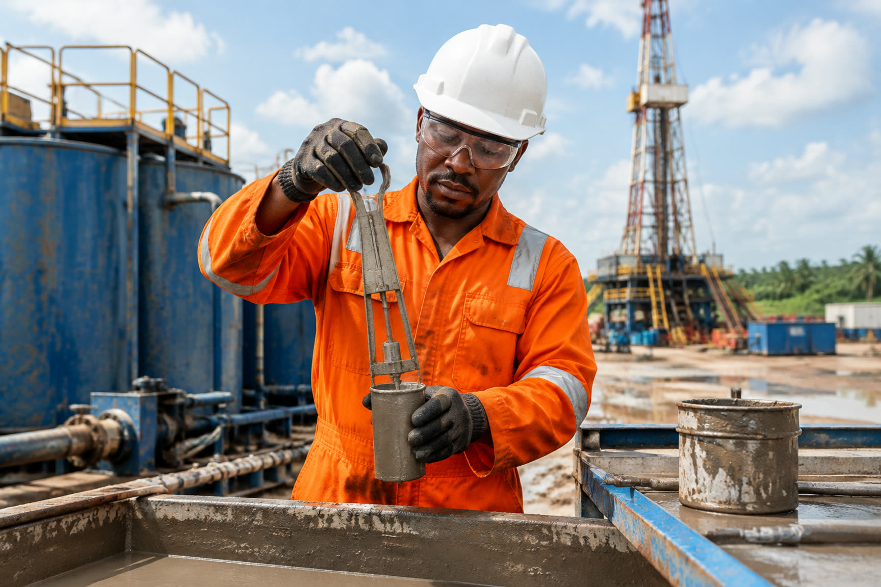Mud engineer testing a drilling fluid sample beside the mud tanks on a land rig