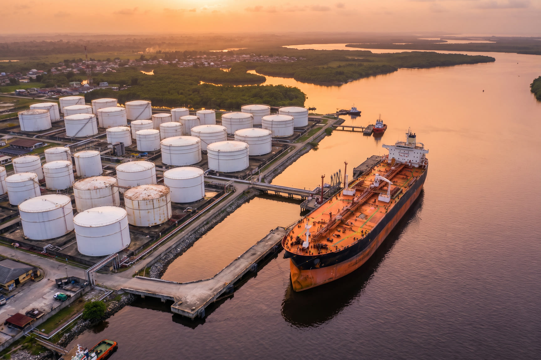 Petroleum tank farm and jetty with a crude oil tanker berthed at sunset