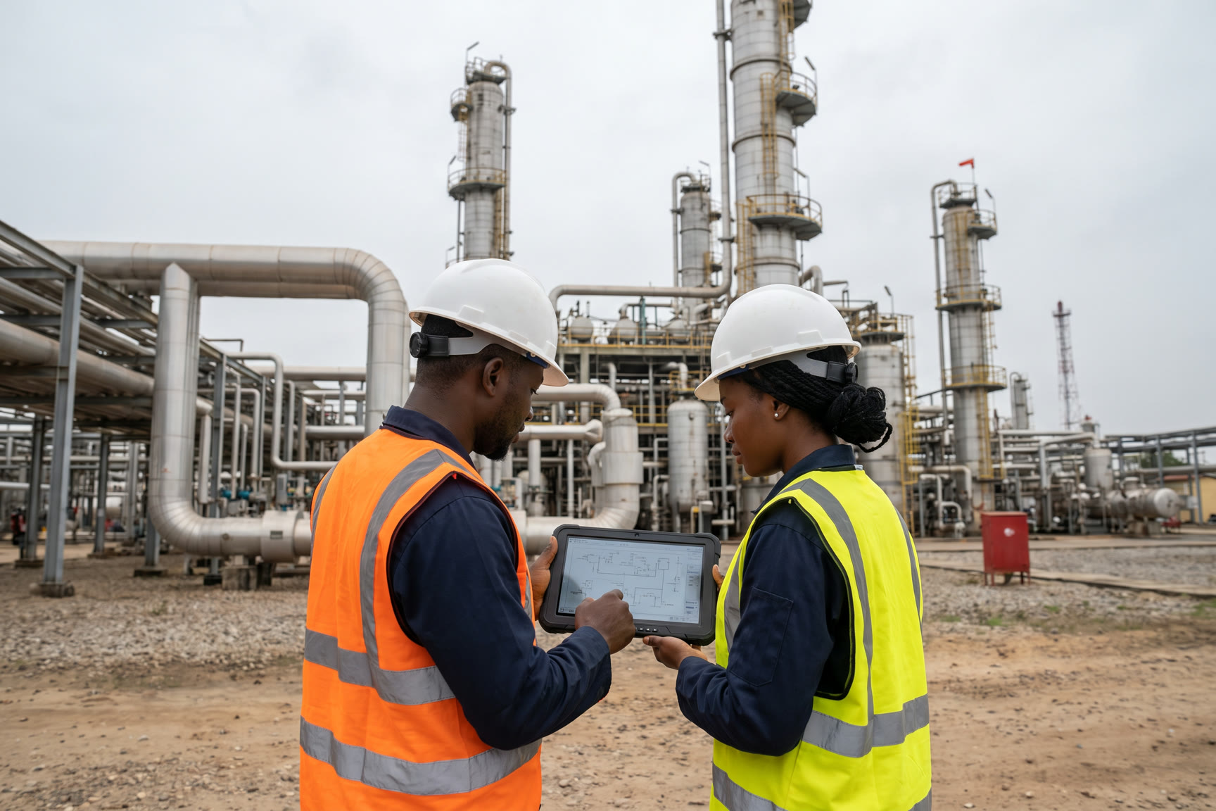 Two engineers reviewing drawings on a tablet in front of a processing plant