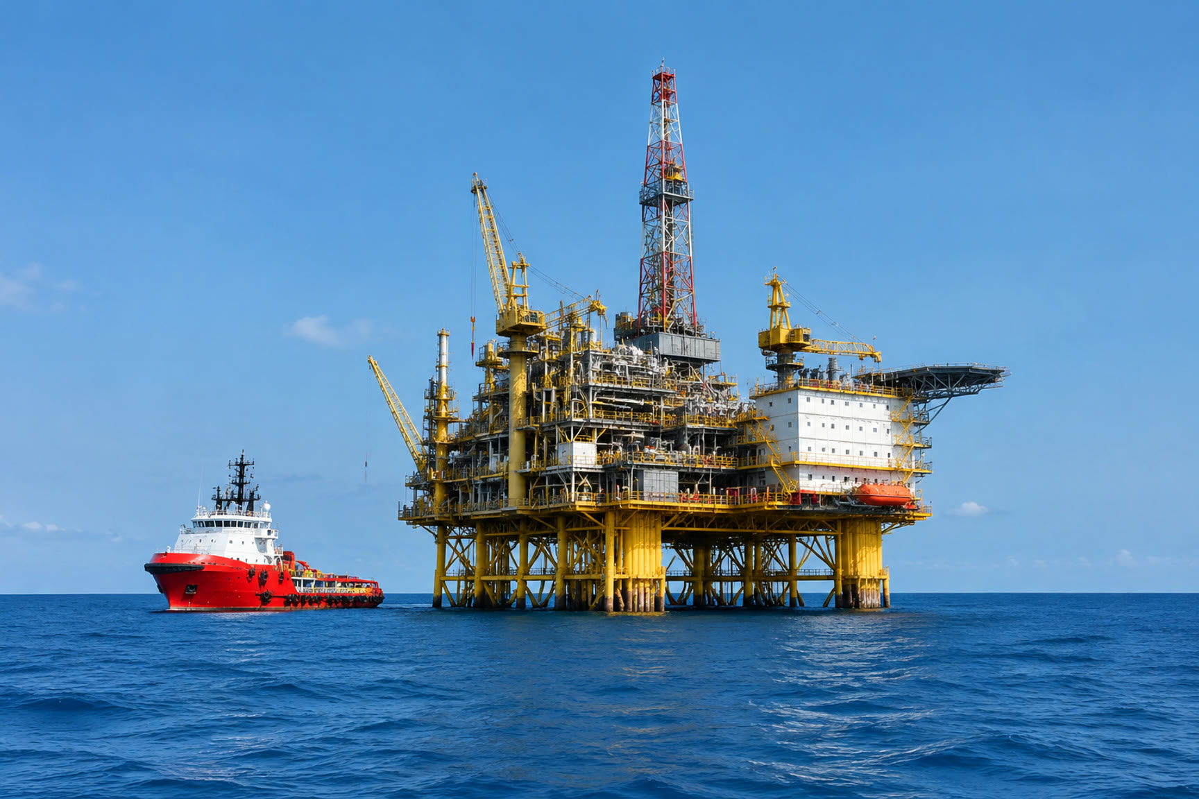 Offshore oil and gas production platform at sea with a supply vessel