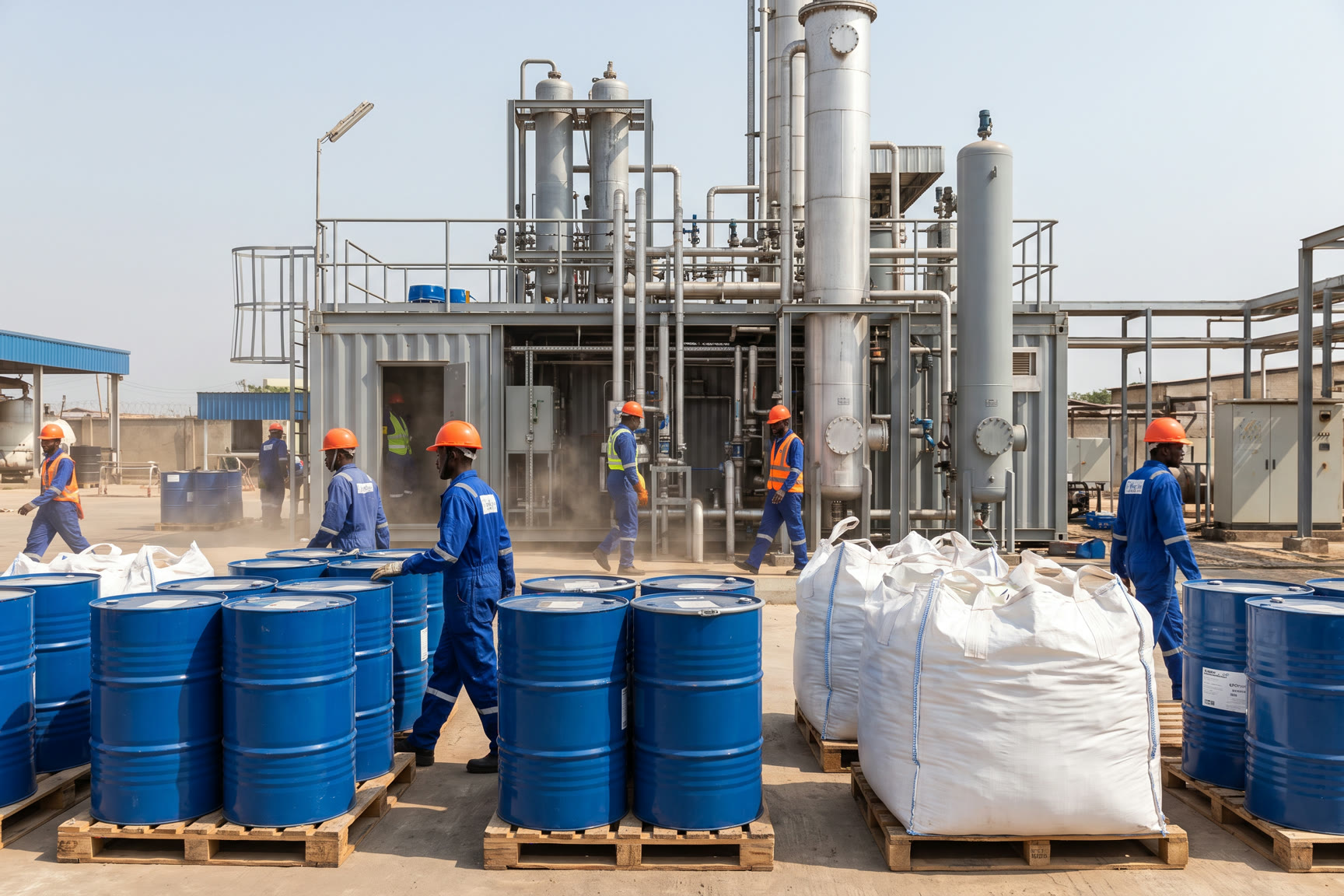 Workers at a chemical blending facility with drums and sacks beside a modular refinery